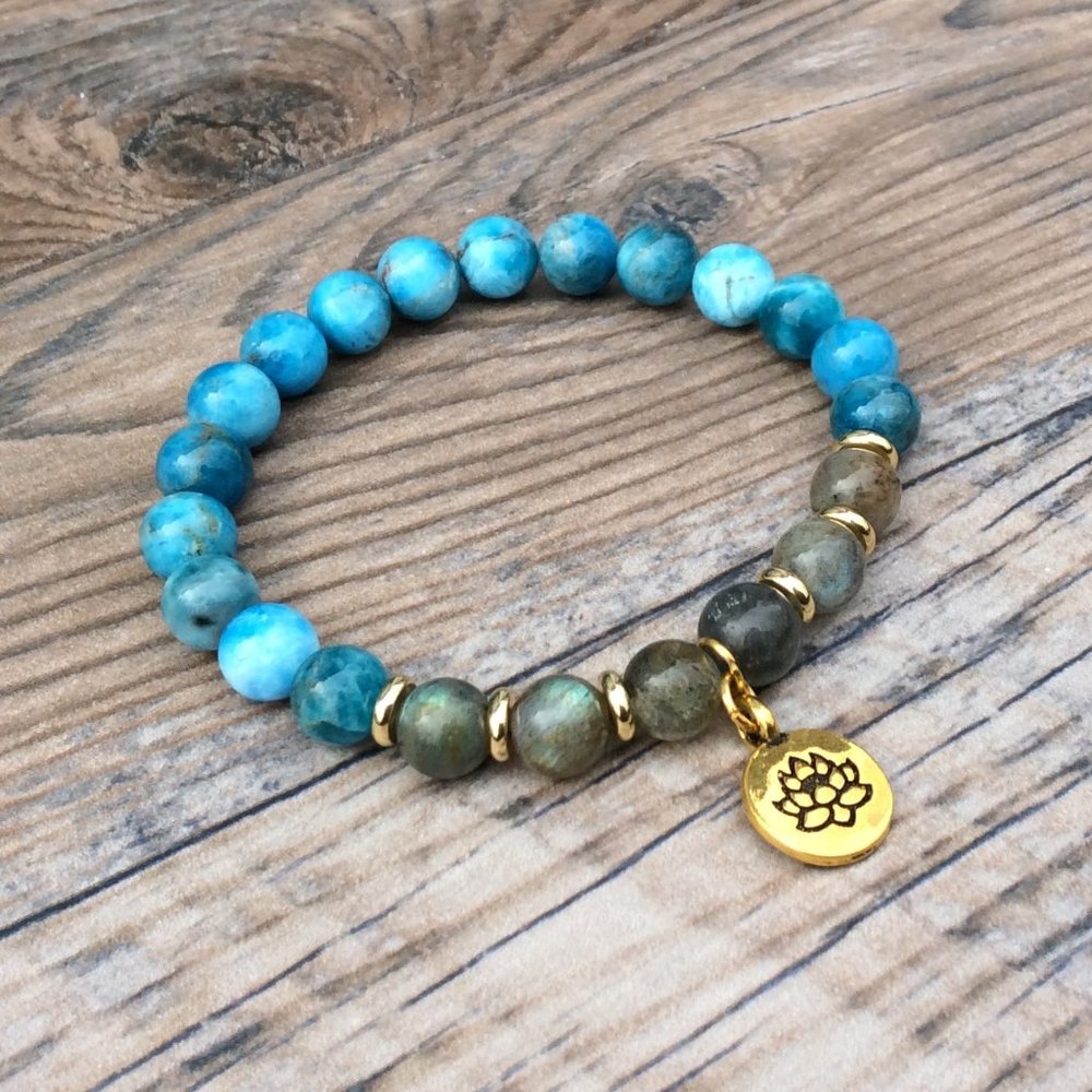 Apatite bracelet with Lotus charm, Labradorite, healing bracelet